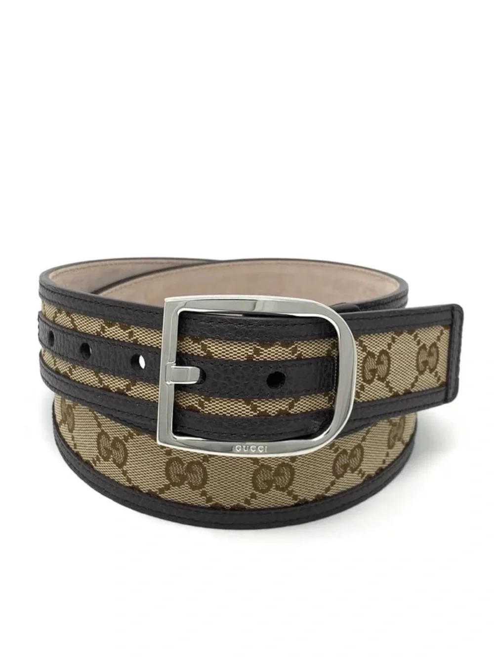 Gucci Mens Beige/Brown GG Canvas Belt with Silver Buckle 75/30